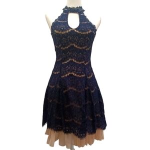 Francesca NWT blue A line halter neckline mini dress. Nude underlay (XS)